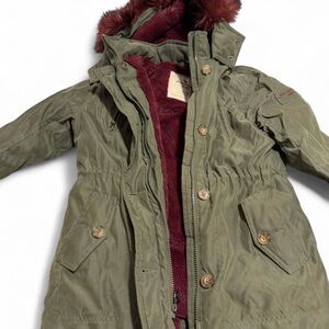 Abercrombie and Fitch Kids Olive Green Parka with Burgundy Faux Fur Lining